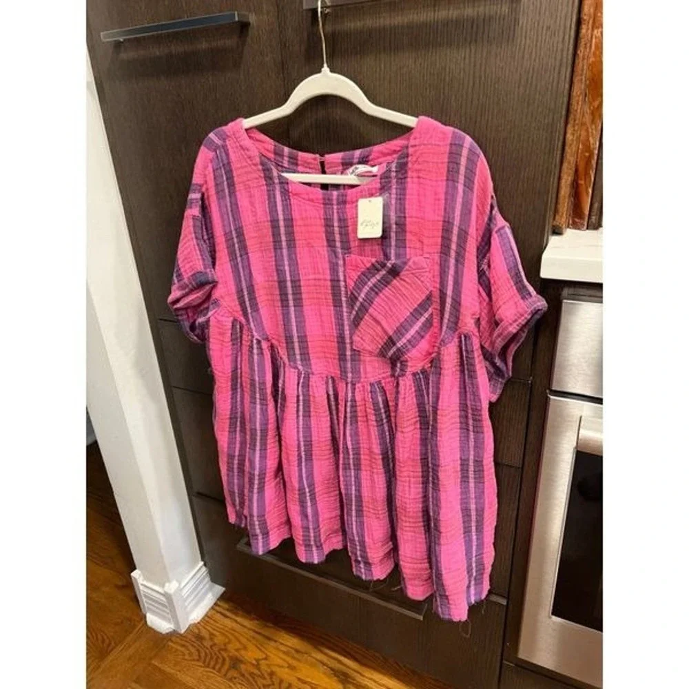 We the free Women's Pink Moon City Plaid Top medium nwt‎
